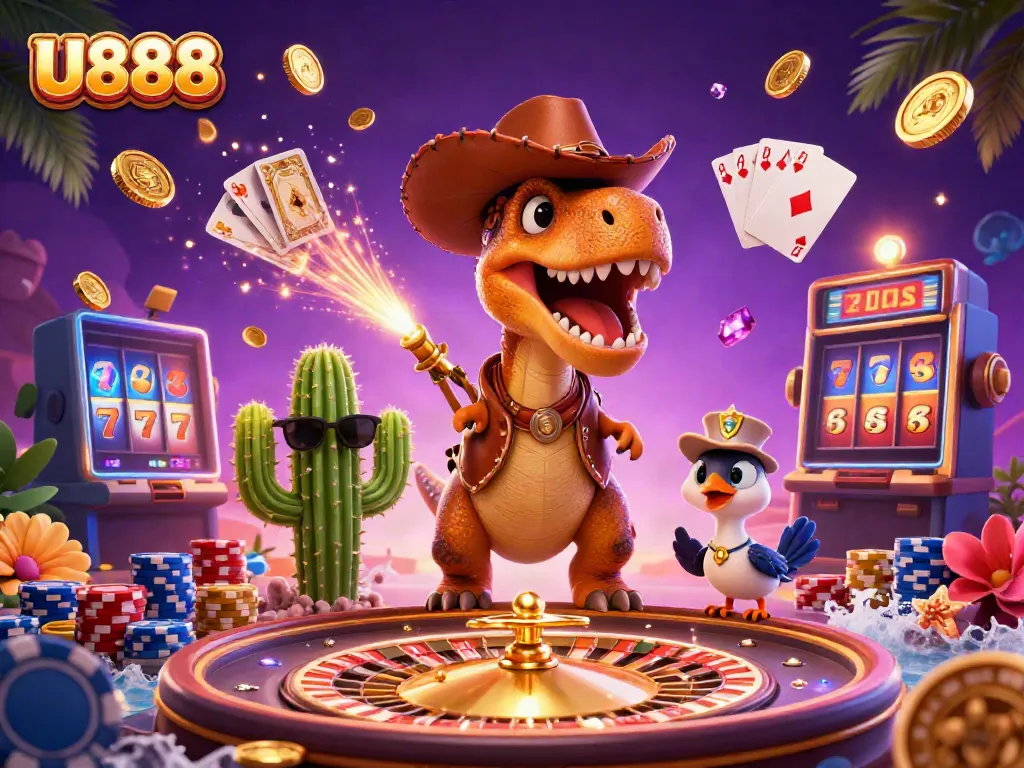 Experience the excitement of U888 with a T-Rex cowboy, cactus, and roadrunner in a vibrant 3D casino scene.
