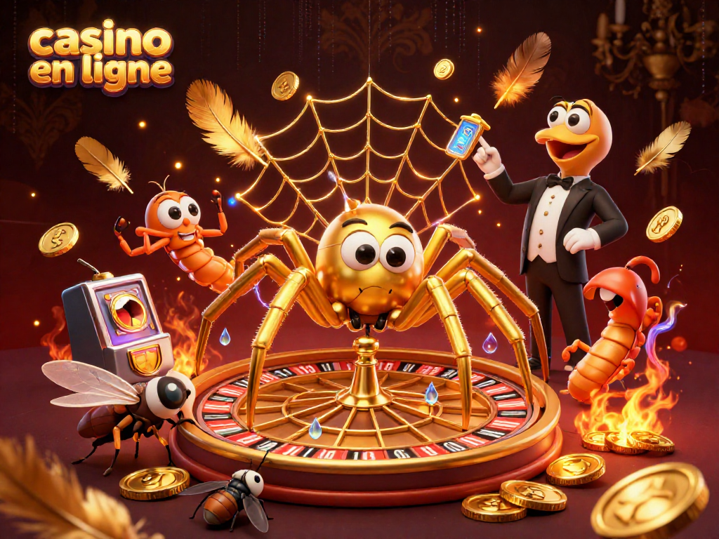 Découvrez l'univers captivant du casino en ligne avec une araignée dorée au centre, jouant avec des jetons et des éléments de roulette.