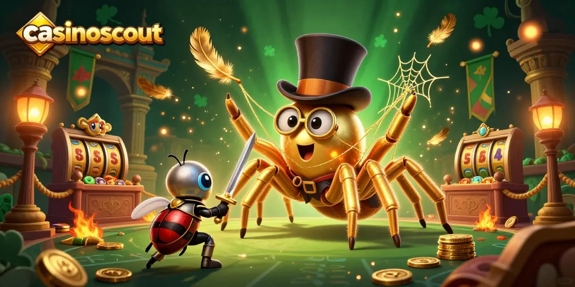 Engage in thrilling gameplay at casinoscout with a vibrant scene featuring a golden tarantula and beetle knight.