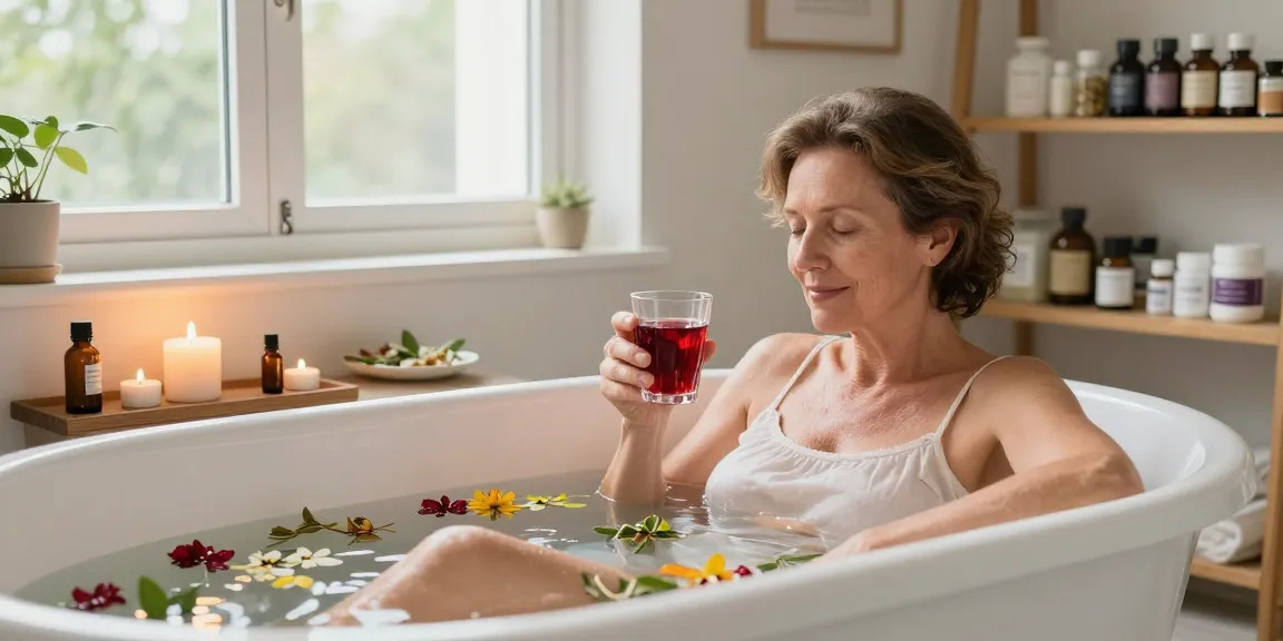 Cystite et ménopause : femme se relaxant dans un bain avec des herbes naturelles pour le confort urinaire.