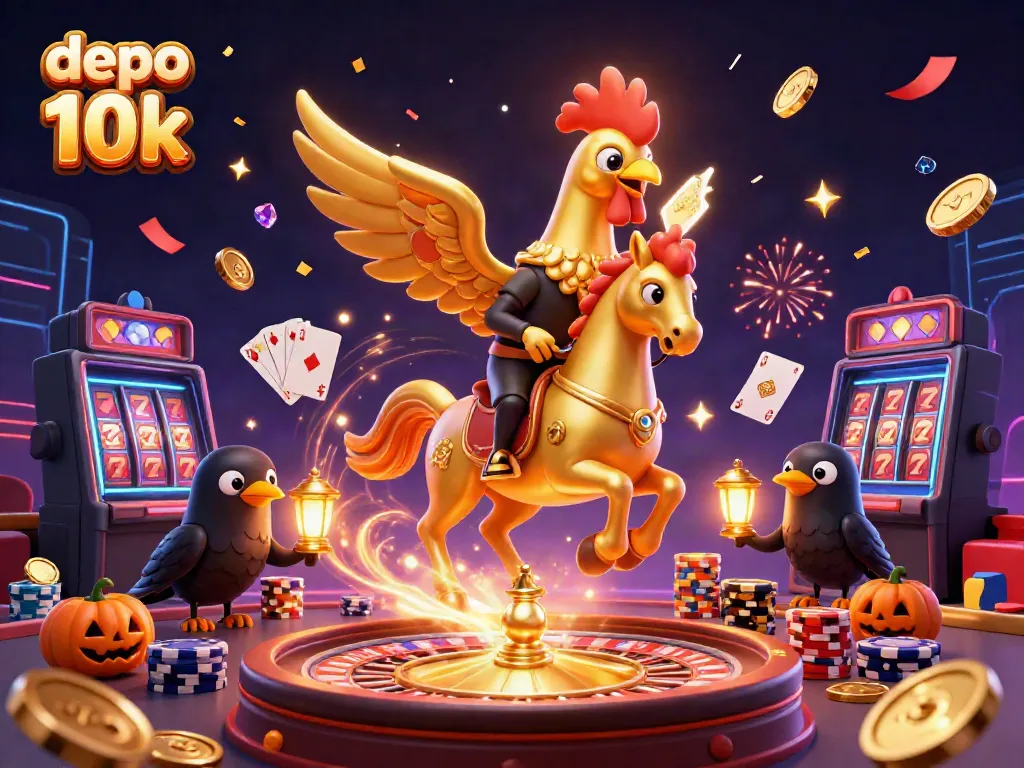 Engage with depo 10k gaming action featuring a golden rooster on a spectral horse in a lavish casino setting.