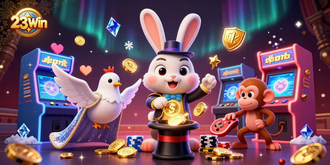 Engage in thrilling gameplay at 23Win with a lively 3D casino illustration showing a magician, dove, and monkey amidst dazzling game elements.