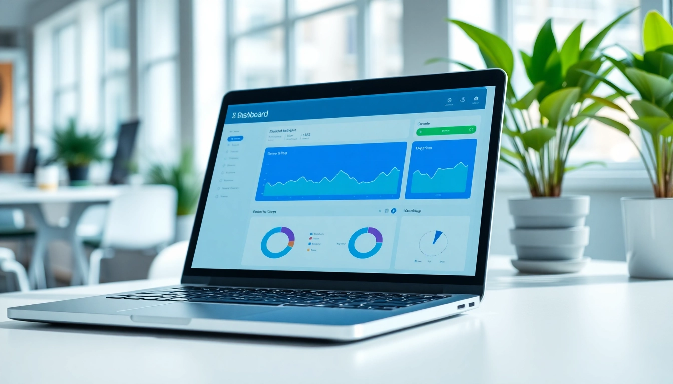 View of an interactive o2 dashboard displayed on a laptop in a bright office setting.