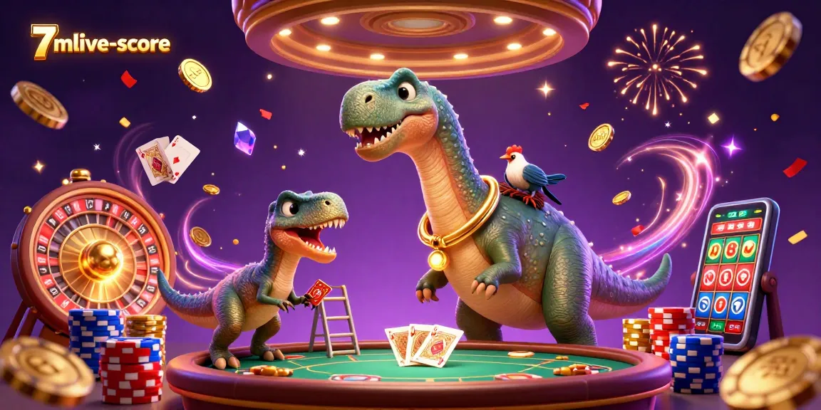 Win big at 7mlive-score with a vibrant 3D casino scene featuring a brontosaurus and raptor.