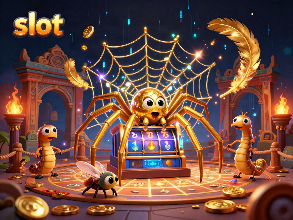 Engage in thrilling slot gaming with a golden spider croupier and betting fly in an 3D casino scene.