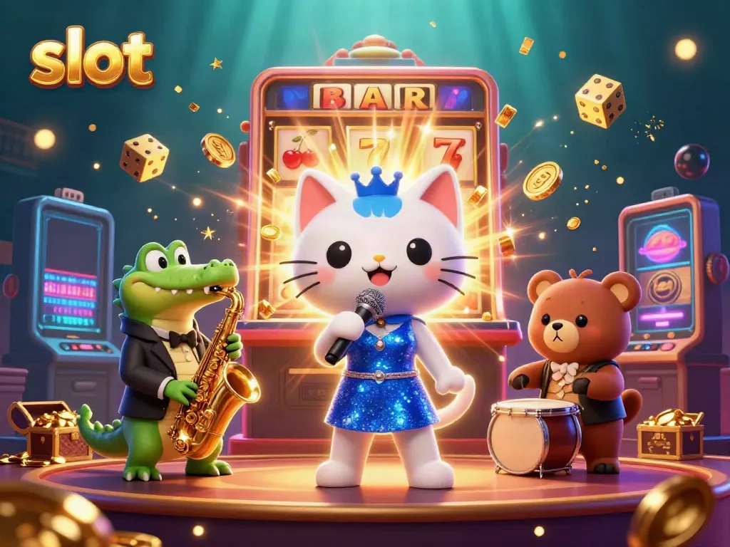Permainan slot yang menampilkan kucing penyanyi jazz dengan latar belakang kasino, menyebarkan koin kemenangan.