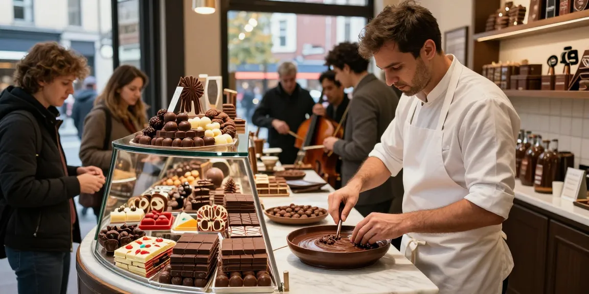 Artisan chocolatier preparing gourmet m98 chocolate truffles in a vibrant urban shop.