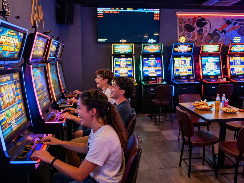 Friends playing slot gacor games in a lively gaming lounge with colorful machines.
