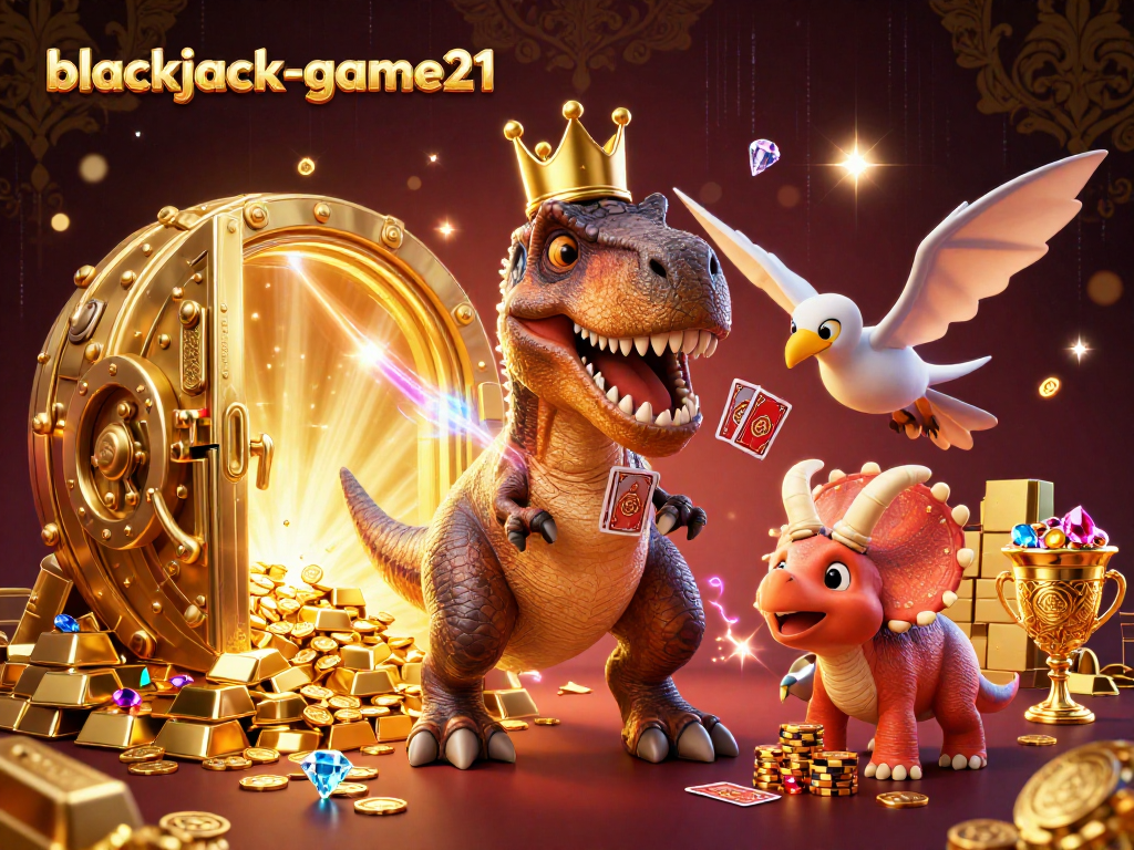 Experience thrilling gameplay at blackjack-game21 with a T-Rex shuffling cards and winning chips!