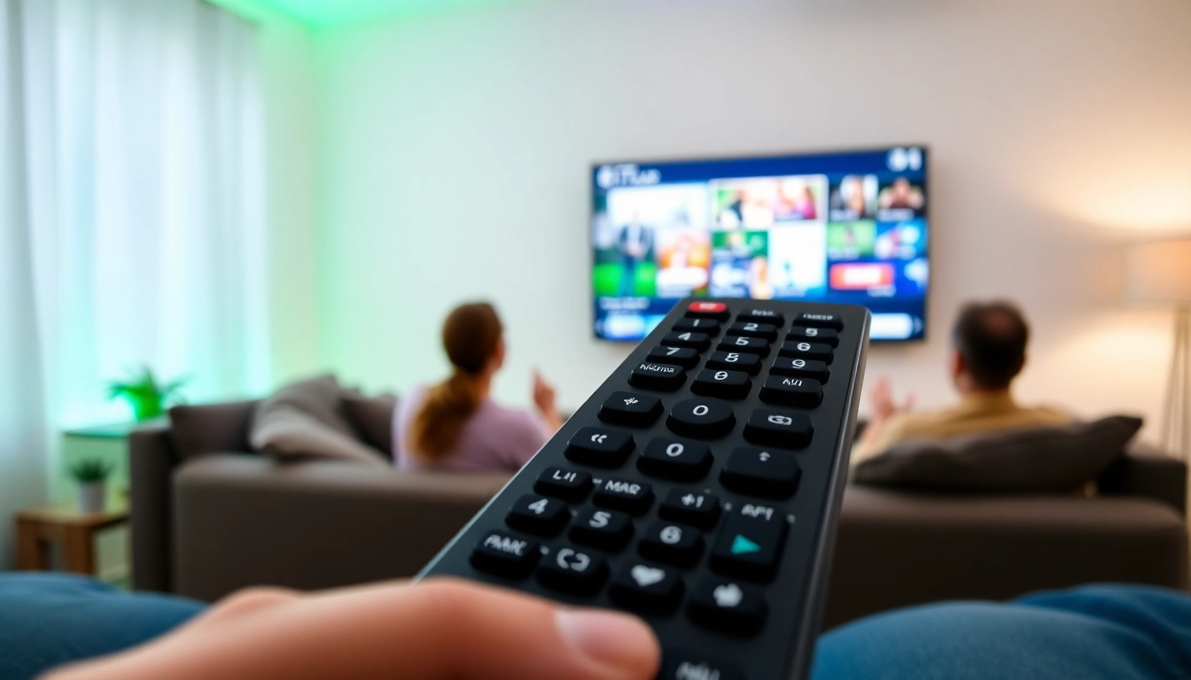 Experience FREE IPTV Trial with a modern setup featuring a vibrant screen and sleek remote.