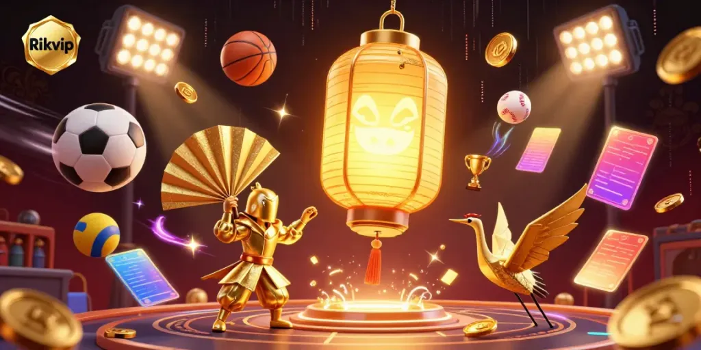 Experience the vibrant world of Rikvip with dynamic sports elements and golden lantern spirits in this engaging casino scene.