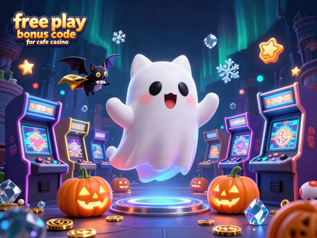 Engage with the free play bonus code for cafe casino illustrated by a ghost cat and vampire bat in a vibrant casino
