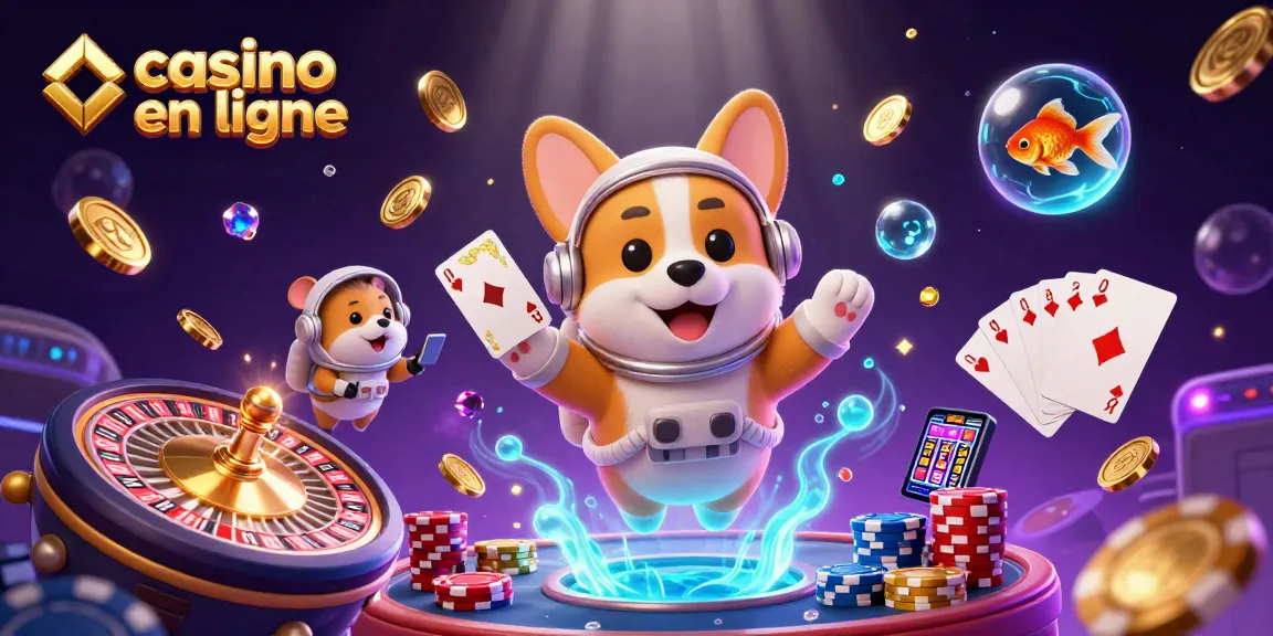 Joue et gagne au casino en ligne, une illustration de corgi astronaute et ses amis dans un espace ludique.