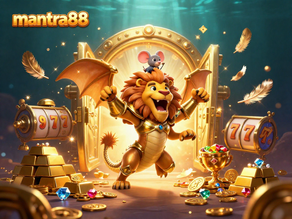 Experience winning with mantra88 in a vibrant casino scene of golden treasures and adventurous characters.