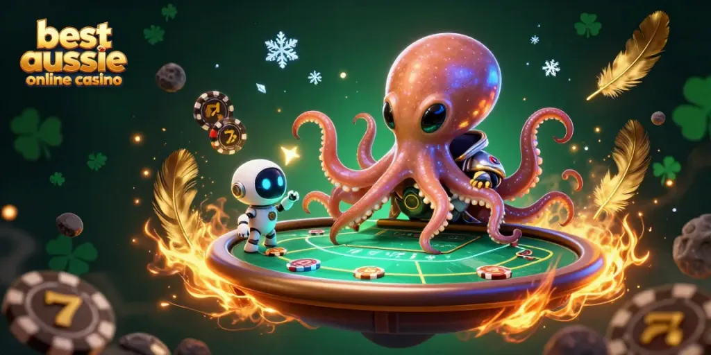 Experience the thrilling best aussie online casino with a cosmic-themed poker table run by a colorful alien octopus.