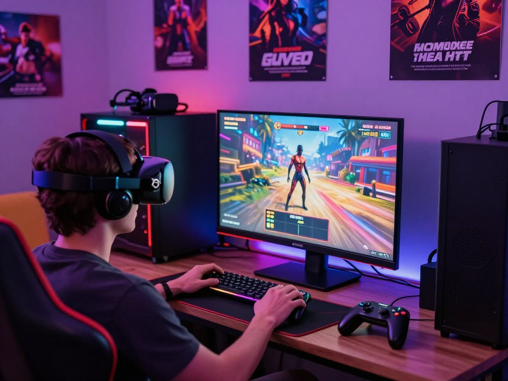 A person playing a real sex game in a vibrant adult gaming setup with LED lights and high-tech accessories.