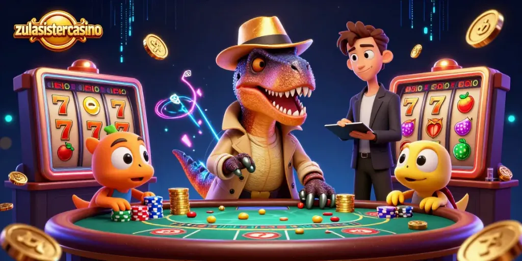 Experience exciting gameplay at zulasistercasino with a velociraptor and unique casino characters.