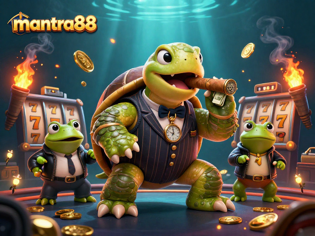 Experience thrilling wins at mantra88 with a massive snapping turtle in a dynamic casino scene.