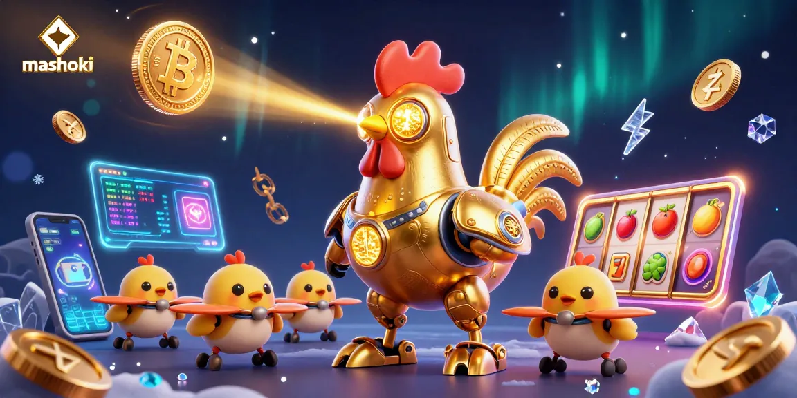 Mashoki offers a vibrant gaming experience with the golden rooster robot and slot elements in a dynamic casino scene.