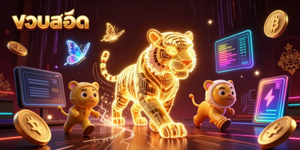 Experience the thrill of รวมสล็อต with vibrant neon characters in a dynamic digital casino landscape.