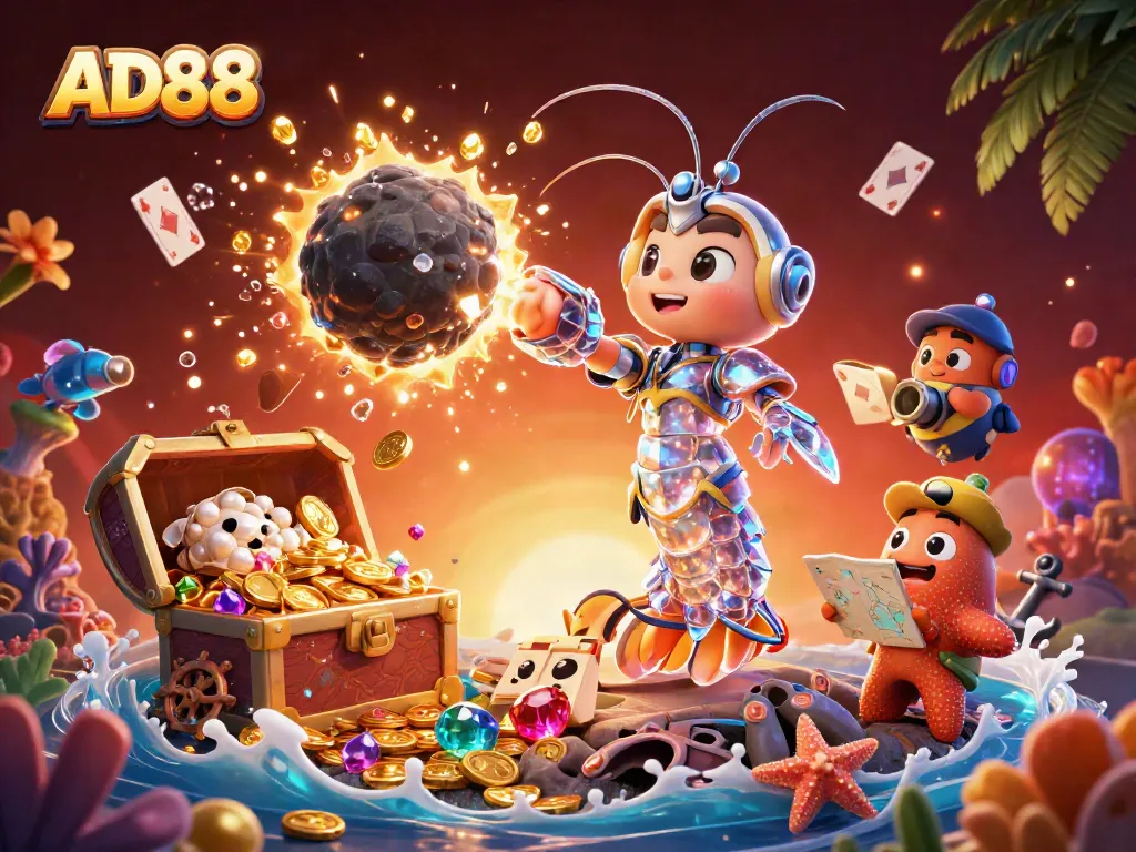 Experience thrilling gameplay with AD88 as a galactic mantis shrimp triumphs amidst gems and treasure.