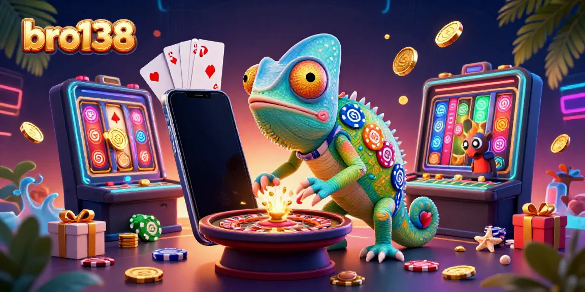 Join the fun at bro138 with this colorful casino scene featuring the charming chameleon owner.