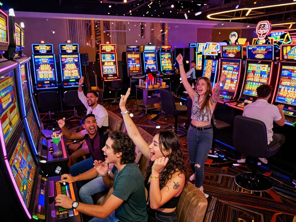 Exciting slot gacor celebration at casino with friends cheering and confetti.