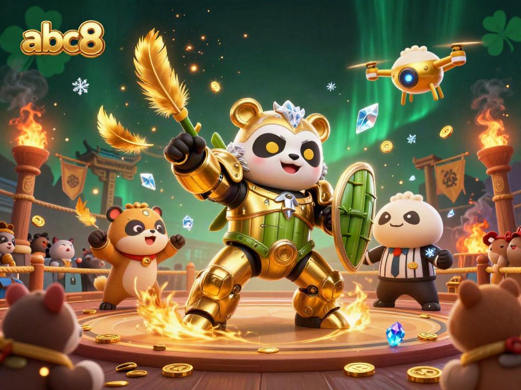 Experience the thrilling action at abc8's vibrant online casino arena featuring a mech-suit golden panda.