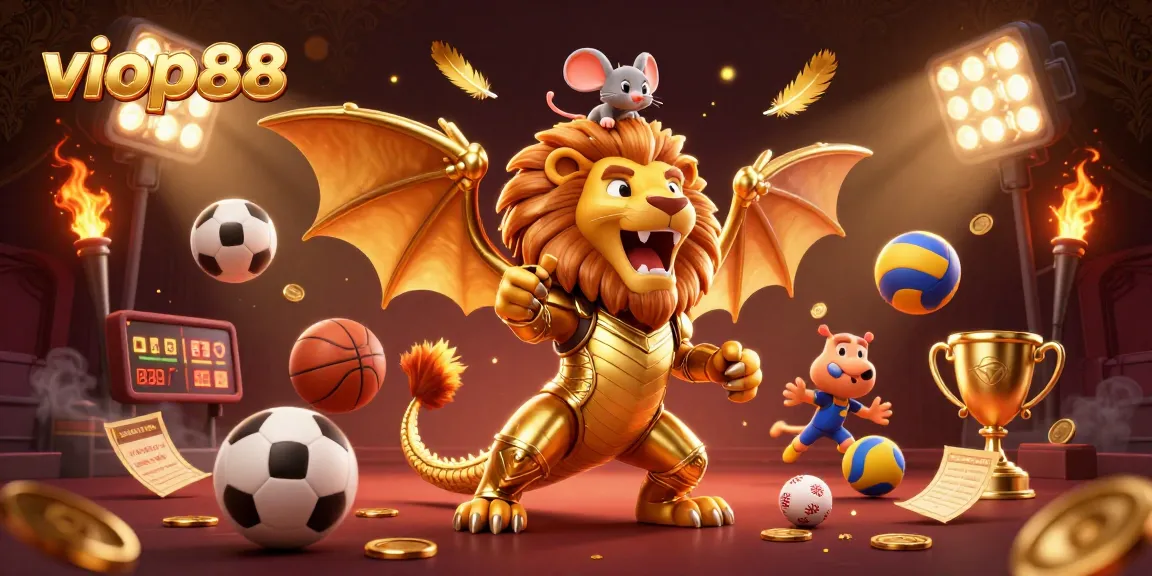 Experience the thrill of viop88 with a 3D chimera roaring amid flying sports elements and dynamic gameplay.