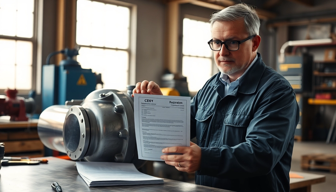 Engineer reviewing CRN Registration documents by a pressure vessel in a workshop.