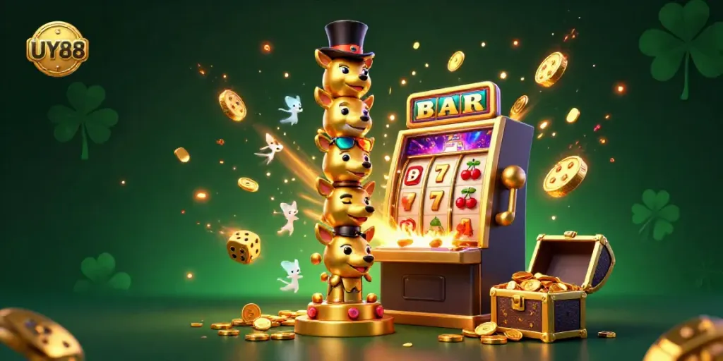 Win big at UY88 with colorful slot machines, golden totem poles, and vibrant game symbols in a lively casino atmosphere.