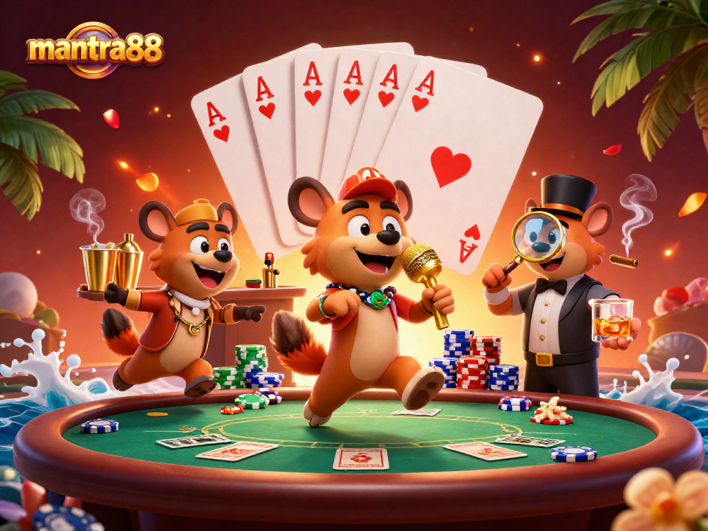 Experience excitement with mantra88 at a dynamic comedy casino scene featuring hyenas.