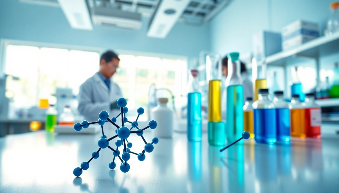 Investigating research peptides in a professional laboratory environment with vibrant liquids.