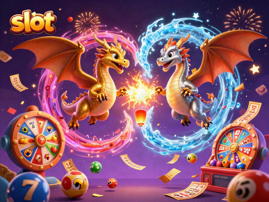 Engage in thrilling slot gameplay with vibrant 3D dragons and colorful casino elements.