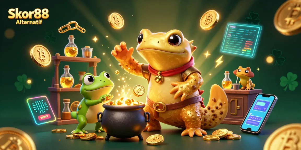 Engage with Skor88 Alternatif’s exciting casino experience, featuring vibrant characters and digital elements.