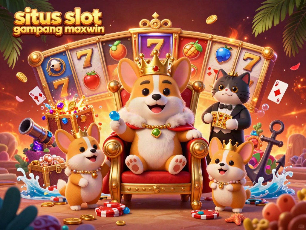 Win big with situs slot gampang maxwin in this vibrant 3D illustration featuring a royal corgi and colorful casino elements.