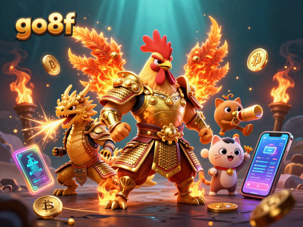 Engage in thrilling casino action with go8f, featuring a rooster warrior alongside dynamic cryptocurrency elements.
