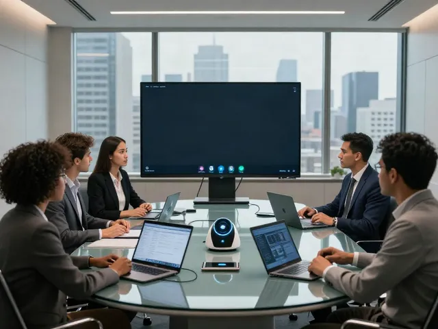 Deepfake protected meetings in a modern conference room with diverse professionals collaborating.