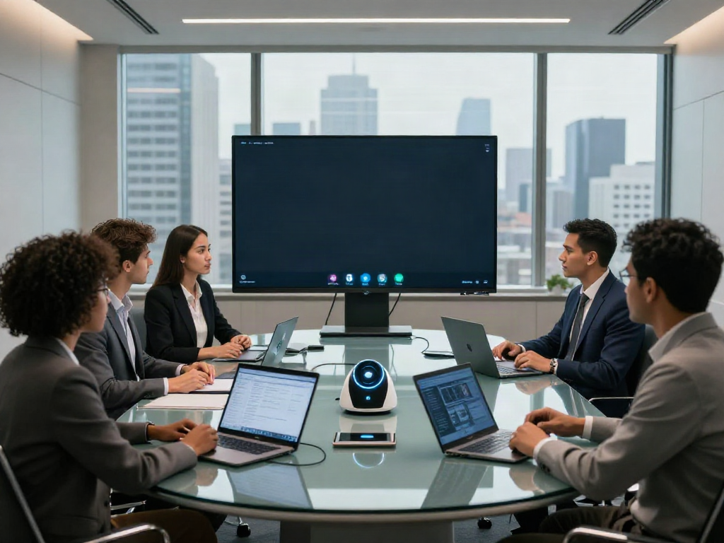 Deepfake protected meetings in a modern conference room with diverse professionals collaborating.