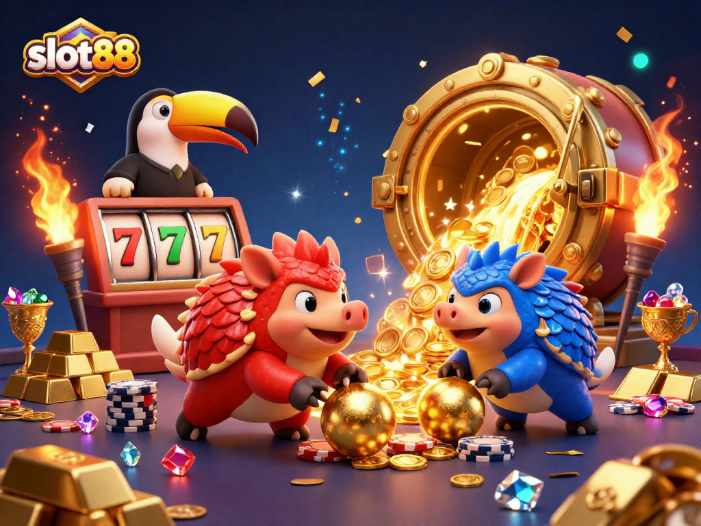 Engage with slot88's thrilling casino illustration featuring vibrant pangolins and sparkling treasure.