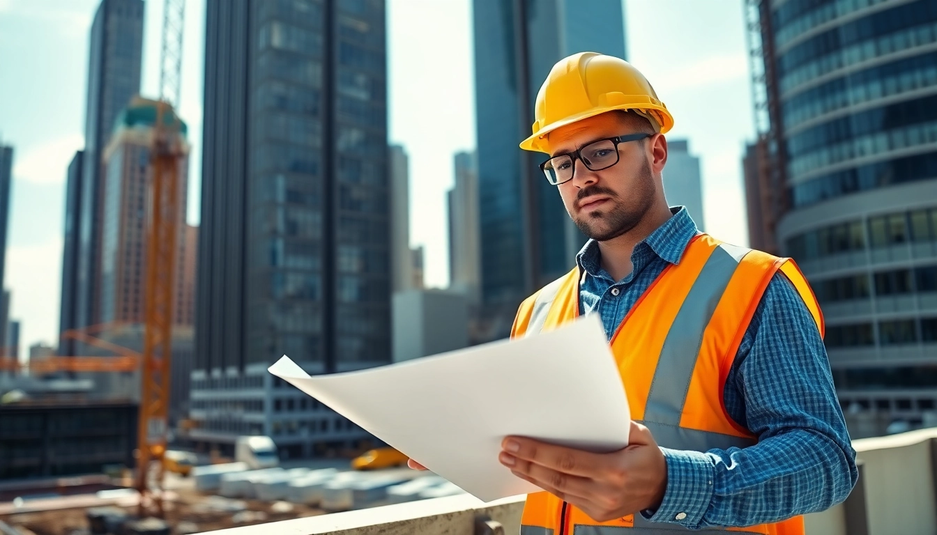 New York City Construction Manager reviewing blueprints on a lively construction site