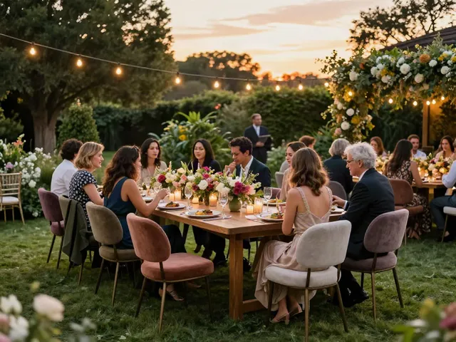 Outdoor event furniture rental setup with elegant dining table and chairs during sunset.