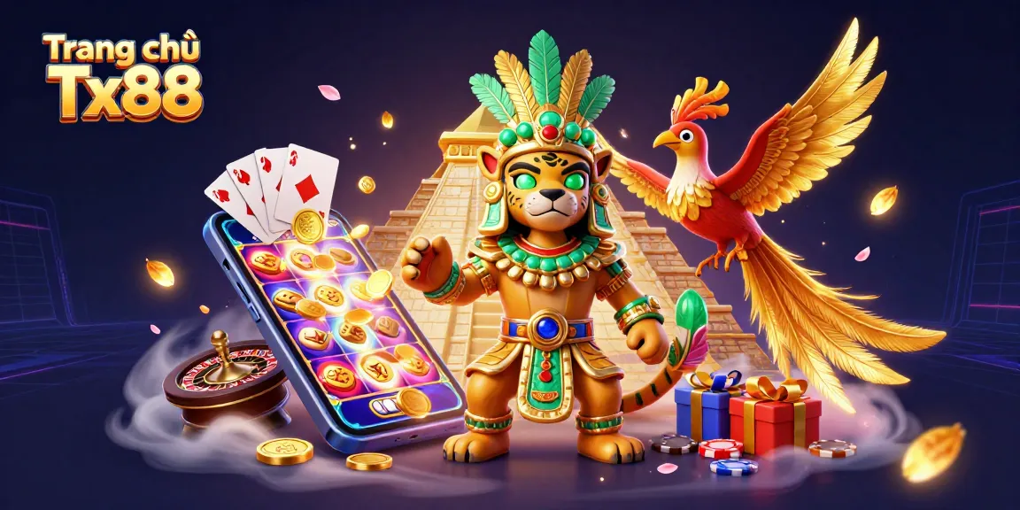 Engage in fun with Trang chủ Tx88's vibrant 3D game scene featuring a Mayan priest and lively gaming elements.