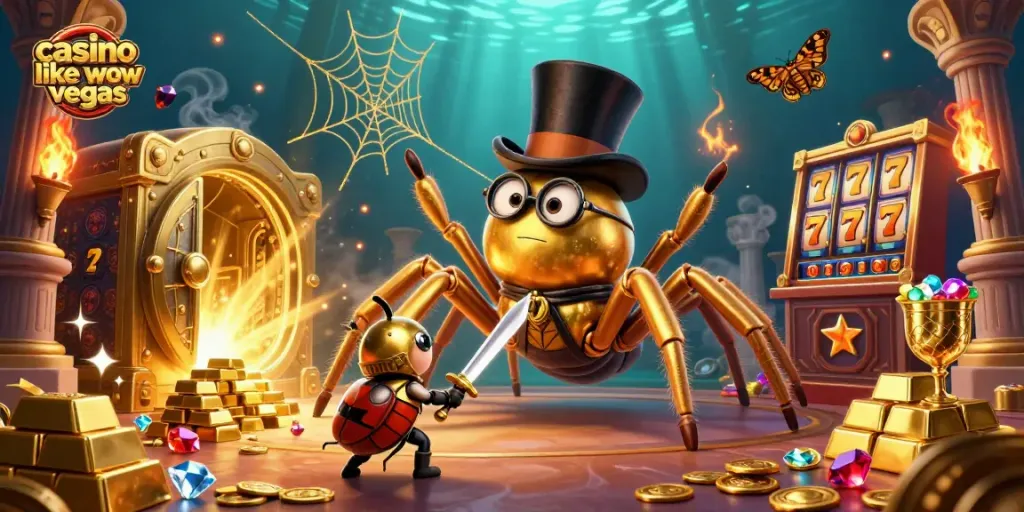 Engage in fun at casinos like wow vegas with a vibrant scene of a golden tarantula and knights.