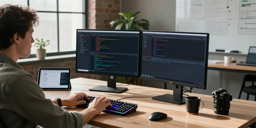 AI content creation software enhancing productivity in a modern tech workspace with coding displays.