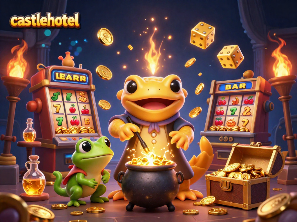 castlehotel offers thrilling slot adventures with golden alchemist characters amidst jackpot celebrations.