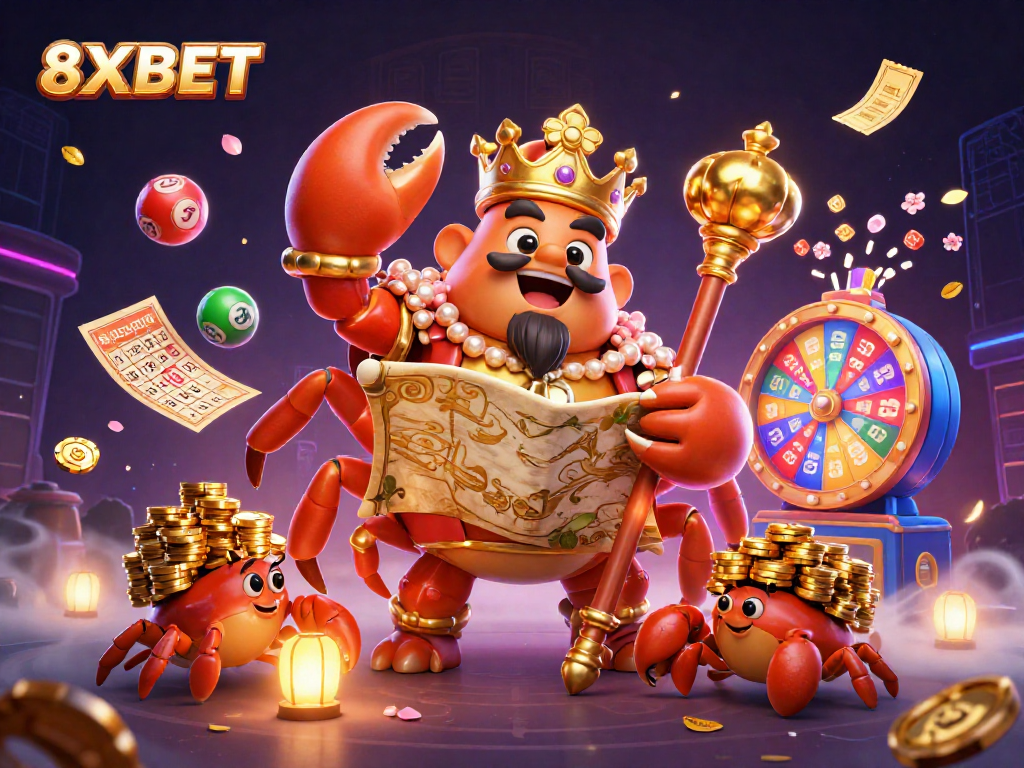 Experience 8XBET's vibrant gaming world with characters amidst exciting lottery elements.