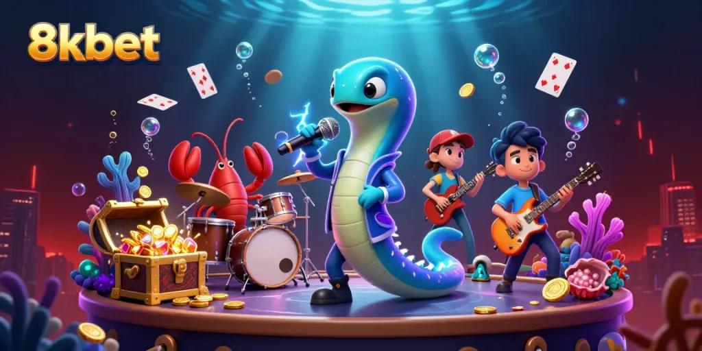 Celebrate winnings with 8kbet in a lively underwater casino scene featuring vibrant characters and dazzling treasures.