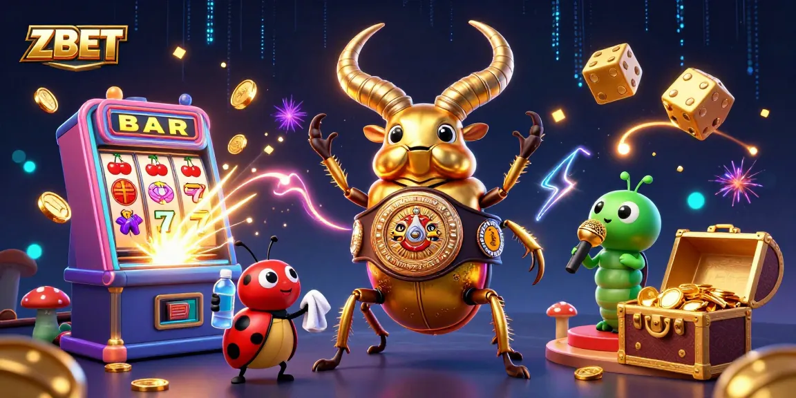 ZBET illustration depicting a golden stag beetle champion boxers among slot machines and vibrant casino elements