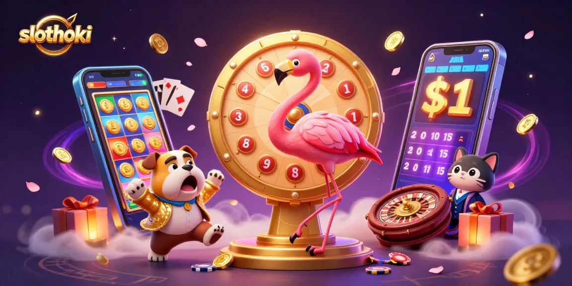 Permainan slot seru di Slothoki: flamingo, bulldog, dan kucing di acara permainan.